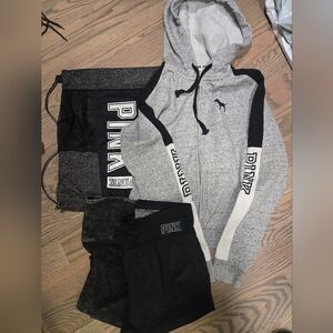 (4) Victoria Secret Pink Items Sweatshirt, Shorts, Drawstring Bag